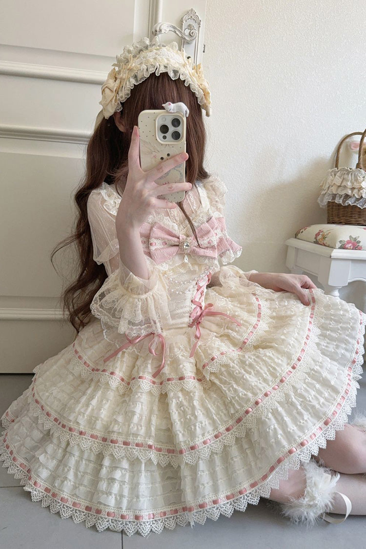 Apricot [Song of Floral Letters] Sleeveless Triple-Layered Bowknot Lace-Up Sweet Lolita Jsk Dress