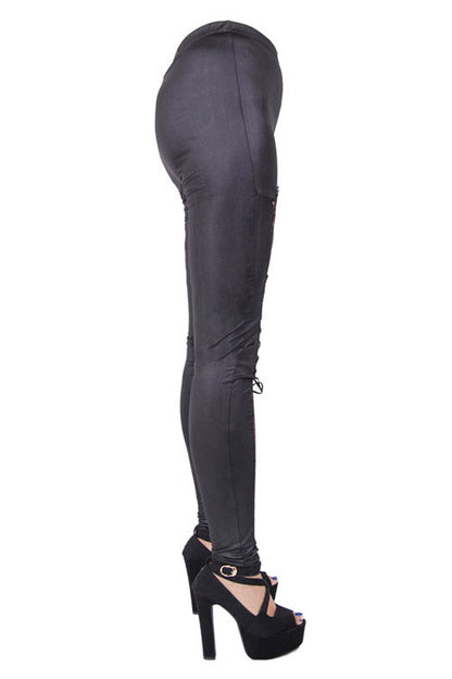 Black Front Splice Mesh Lace Up Gothic Knit Womens Pants