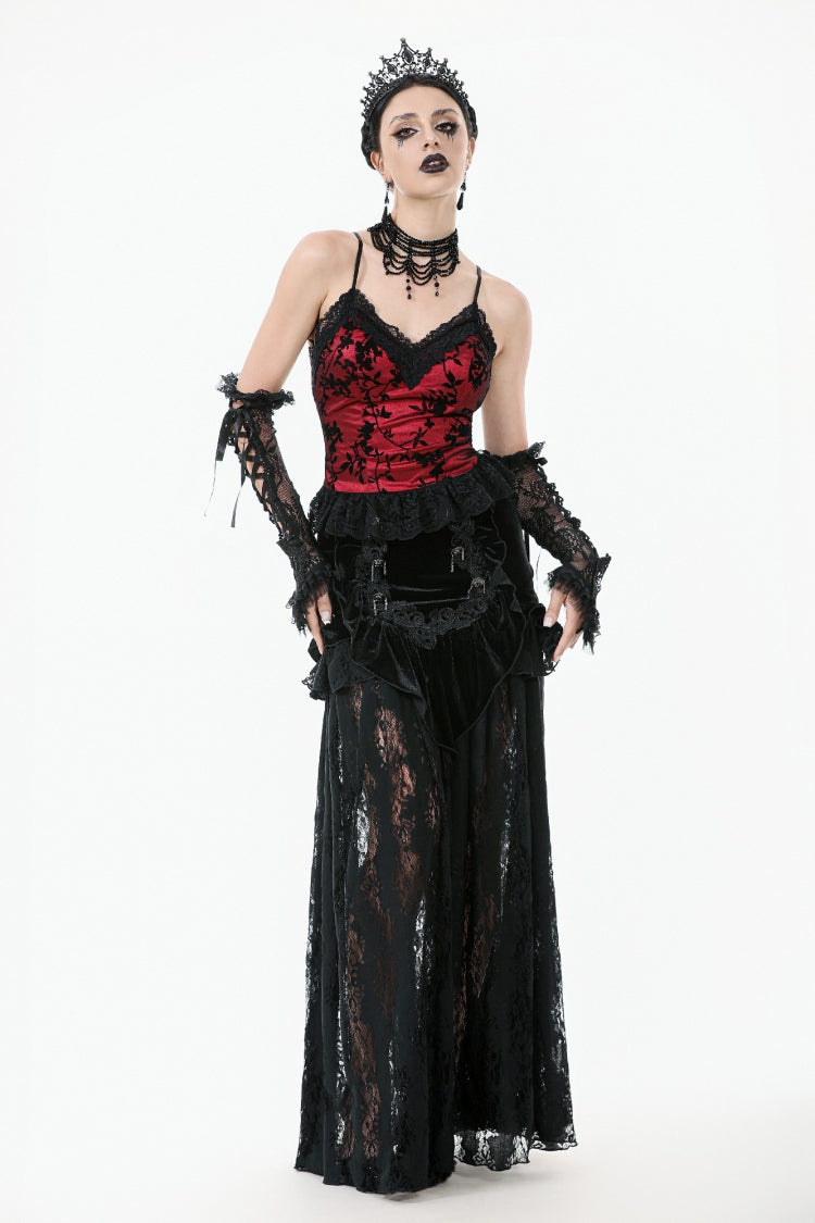 Black Multi-Layered Ruffled Velvet Spliced Lace Lace-Up Women's Gothic Long Skirt