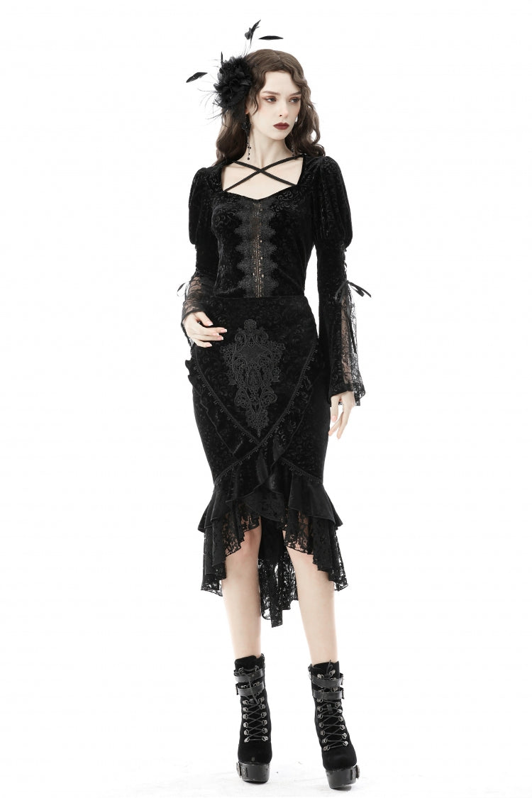 Black Jacquard Lace Lace-Up Women's Gothic Dovetail Wrap Skirt
