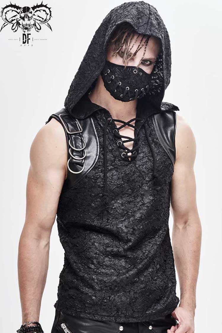 Black Hooded Tattered Chest Lace Up Metal Buckle Knit Men's Punk Vest