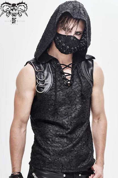 Black Hooded Tattered Chest Lace Up Metal Buckle Knit Men's Punk Vest