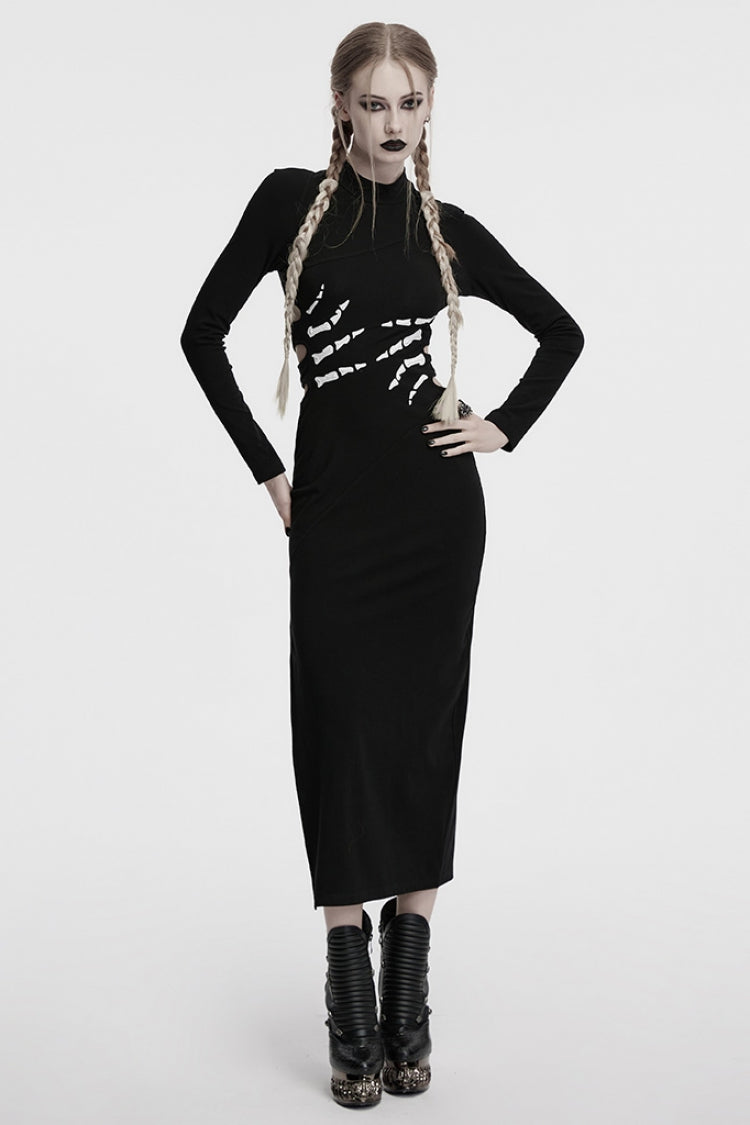 Black Long Sleeves Skeleton Print Cutout Hollow Women's Gothic Dress