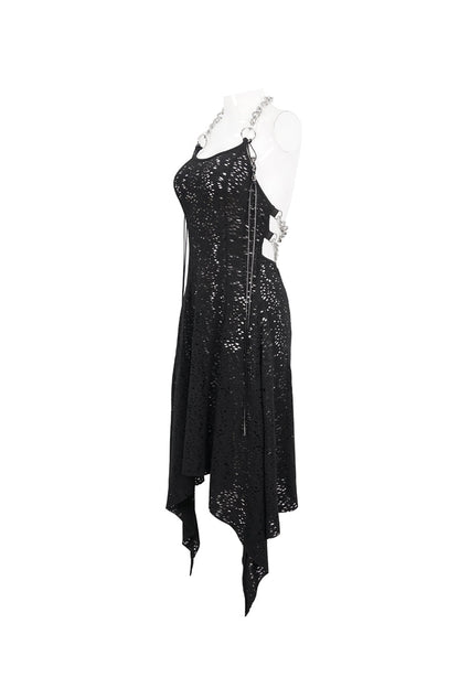 Black Irregular Pattern Wool Metal Chain Halter Neck Backless Women's Punk Dress