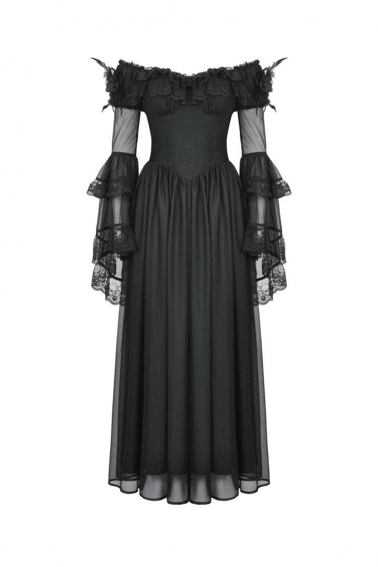 Black Off Shoulder Boat Neck Multi-Layered Long Trumpet Sleeves Lace Spliced Tulle Lace-Up Women's Gothic Fantasy Dress