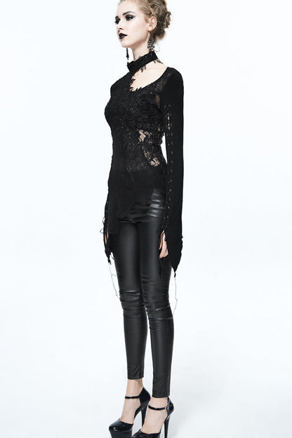 Black Asymmetric Lace Woolen Splice Rose Mesh Chest Hollow Applique Hem Women's Gothic Sweater