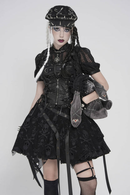 Black Double-Layered Lace Lace-Up Irregular Mesh Eyelet Women's Punk Skirt