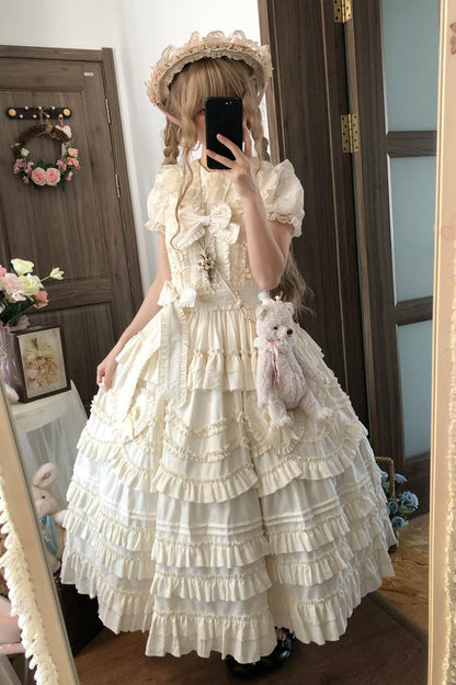 Apricot [Heart In Love] Multi-Layered Ruffled Bow Sweet Lolita Jsk Dress