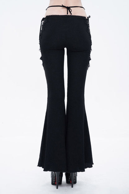 Black Low-Rise Lace Gem-Embellished Bilateral Lace-Up Cutout Flared Women's Gothic Pants
