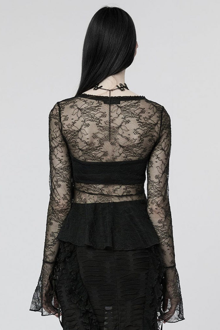 Black Long Trumpet Sleeves Lace Sheer Women's Gothic T-Shirt