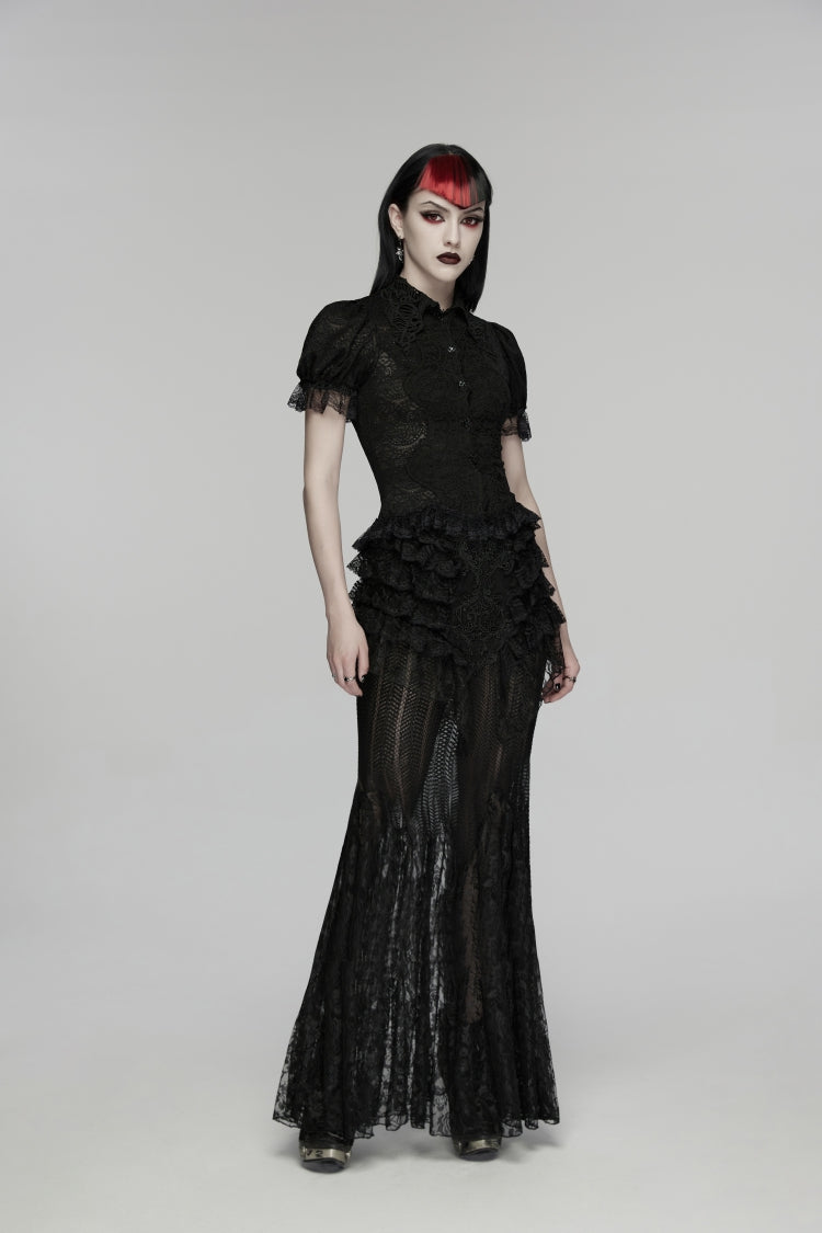 Black Embroidered Spliced Ruffled Lace Slim Mesh Women's Gothic  Mermaid Skirt