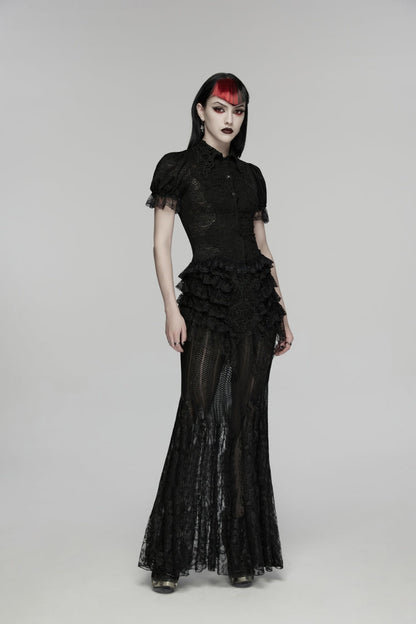 Black Embroidered Spliced Ruffled Lace Slim Mesh Women's Gothic  Mermaid Skirt