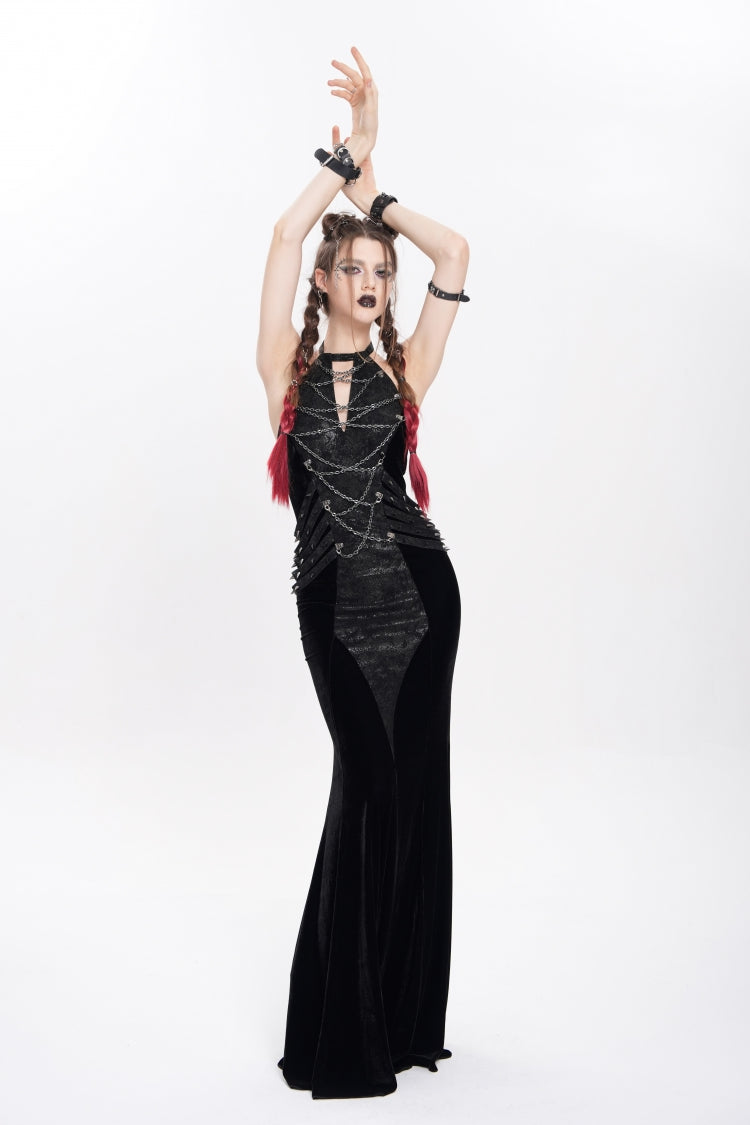 Black Halterneck Sleeveless Rivet Straps Chain Women's Punk Dress