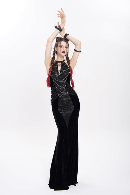 Black Halterneck Sleeveless Rivet Straps Chain Women's Punk Dress