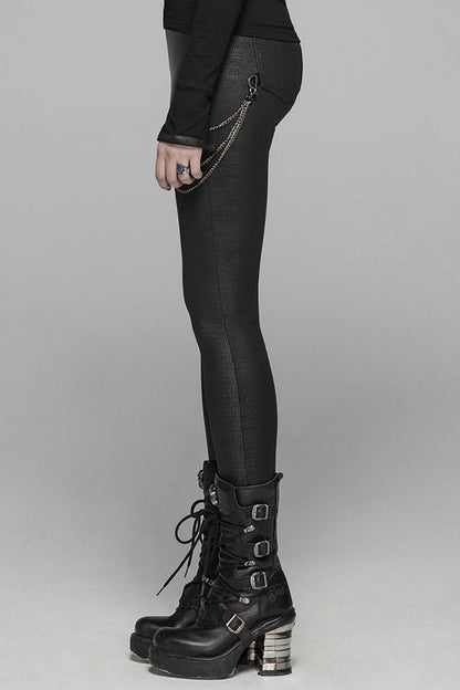 Black Crack Velvet Splice Knit PU Leather Metal Buckle Connect Chain Women's Punk Leggings