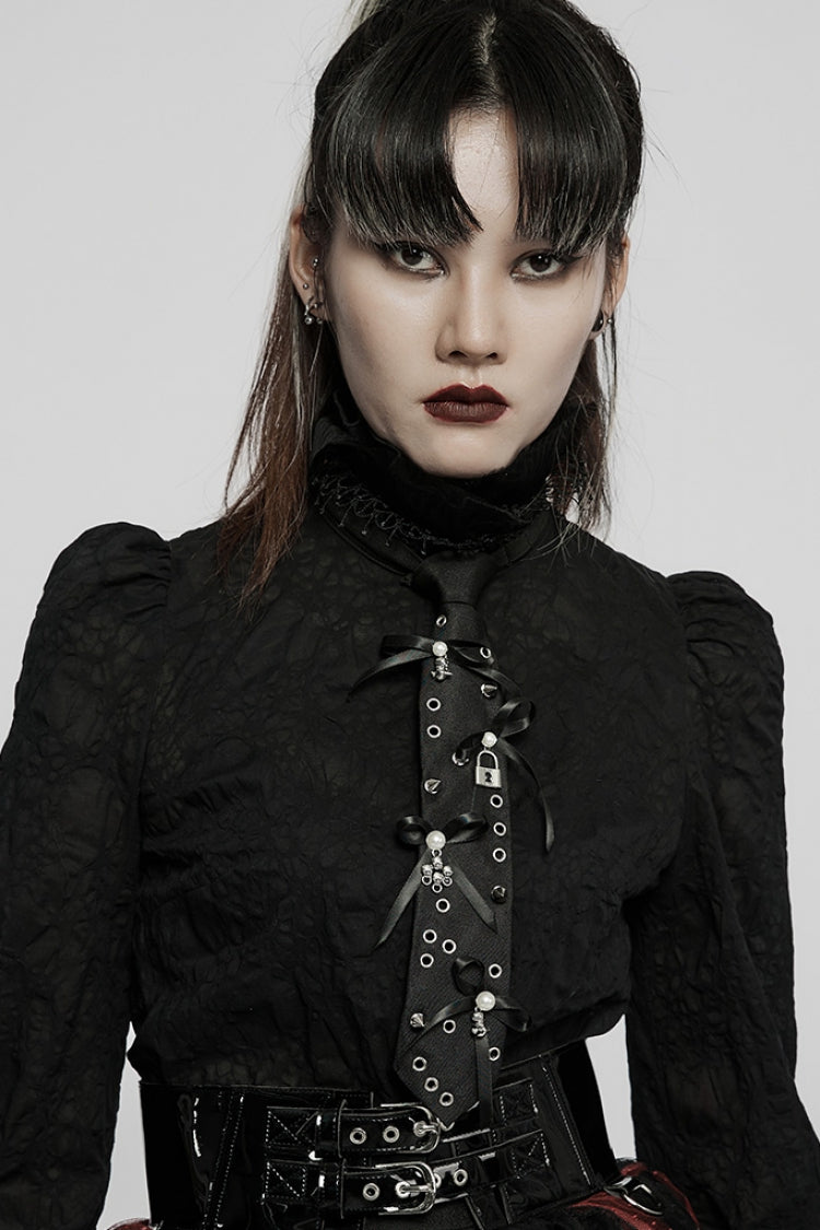 Black Metal Pendant Rivets Adjustable Bowknot Women's Steampunk Necktie