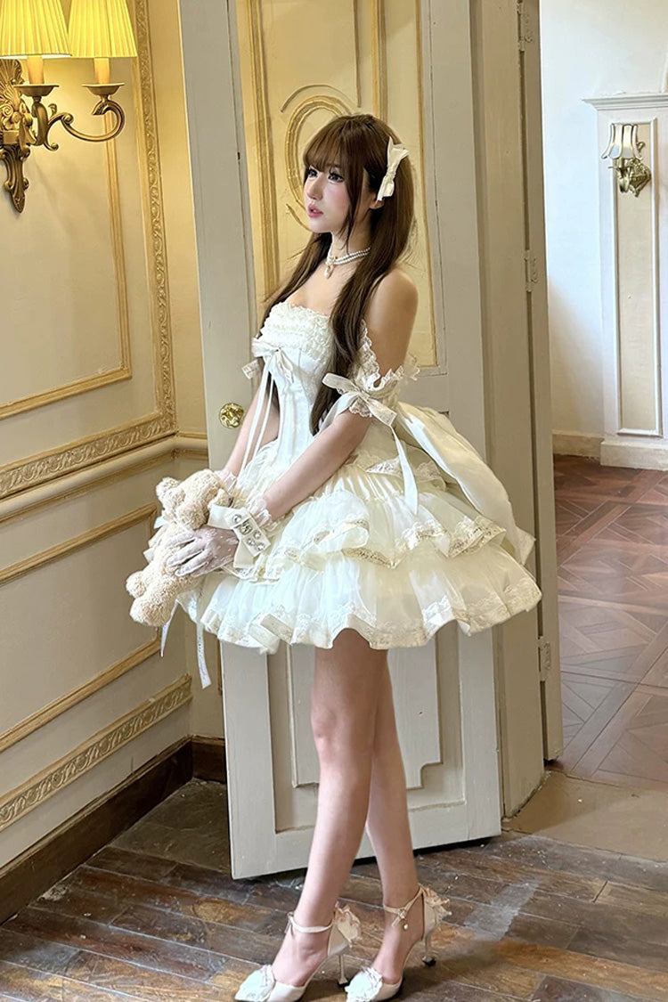 Apricot [Princess Ribbon] Off Shoulder Triple-Layered Ruffle Bowknot Sweet Lolita Dress
