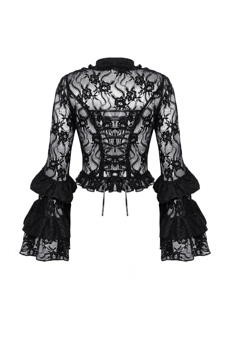 Black Multi-Layered Long Trumpet Sleeves Lace Lace-Up Women's Gothic Top