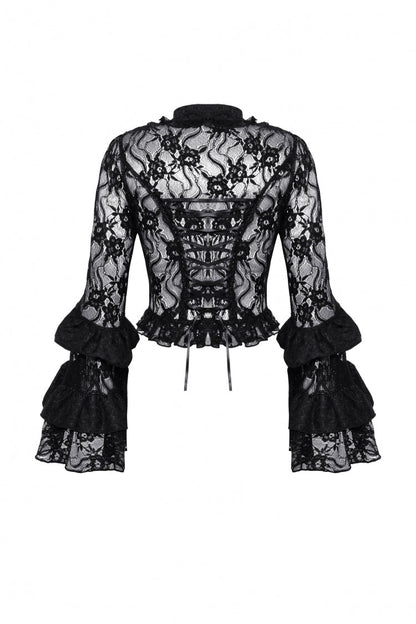 Black Multi-Layered Long Trumpet Sleeves Lace Lace-Up Women's Gothic Top