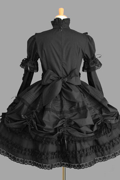 Black Cotton Stand Collar Long Sleeves Knee Length Bowknot Ruffled Multi-Layer Gothic Lolita Dress