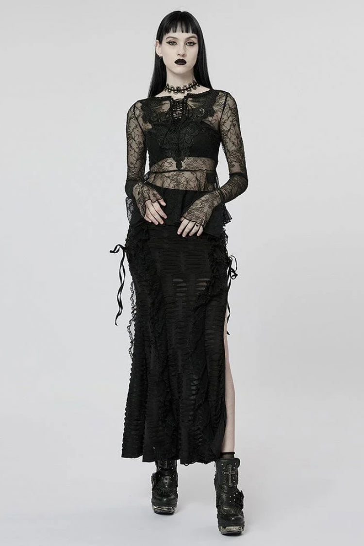 Black Long Trumpet Sleeves Lace Sheer Women's Gothic T-Shirt