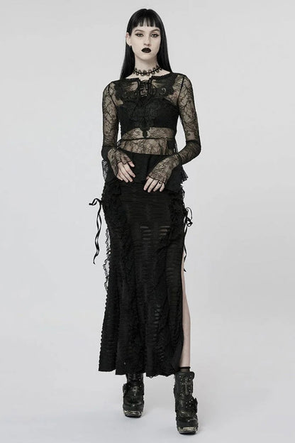 Black Long Trumpet Sleeves Lace Sheer Women's Gothic T-Shirt