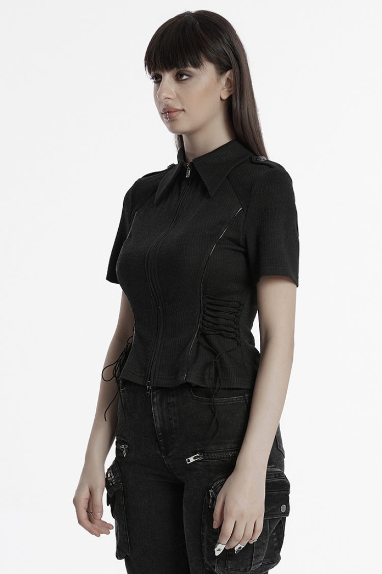 Black Lapel Collar Long Sleeves Lace-Up Women's Punk Military Blouse