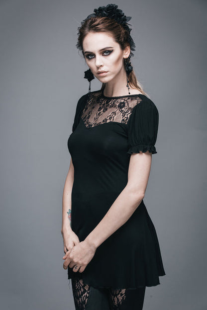 Black Patterned Lace Neck Short Sleeves Womens Mid-Length Gothic T-Shirt