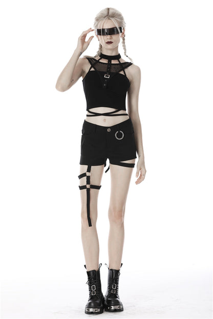 Black Halterneck Spliced Mesh Strappy Buckle Eyelet Harness Women's Punk Midriff-Baring Tank Top