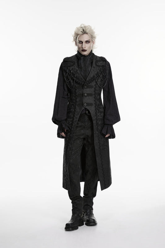 Black Jacquard Chain-Decorated Men's Gothic Long Vest