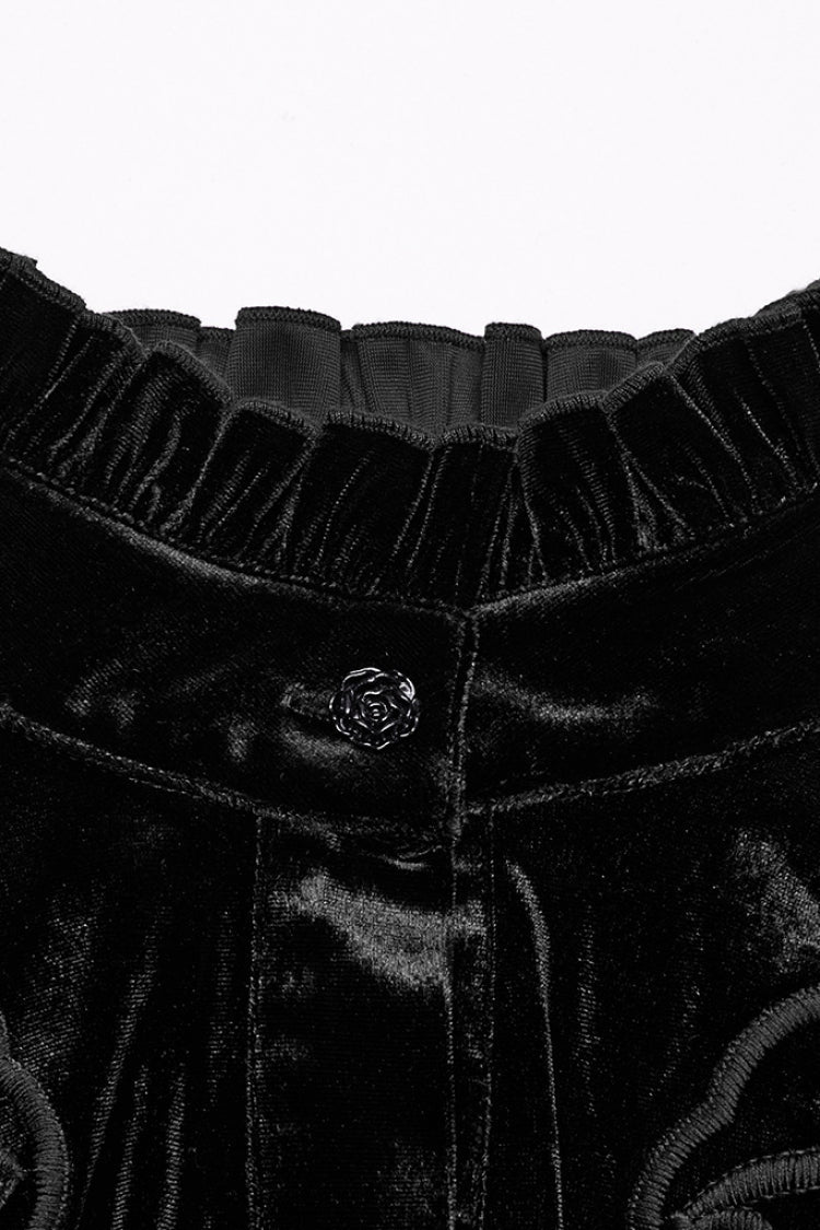 Black Long Sleeves Ruffle Floral Embroidery Women's Gothic Blouse