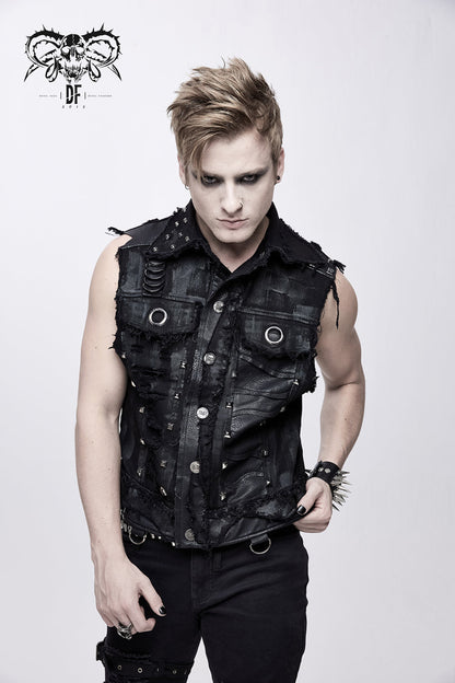 Black Heavy Metal Rivet Back Printed Coarse Twill Worn Out Men's Punk Waistcoat