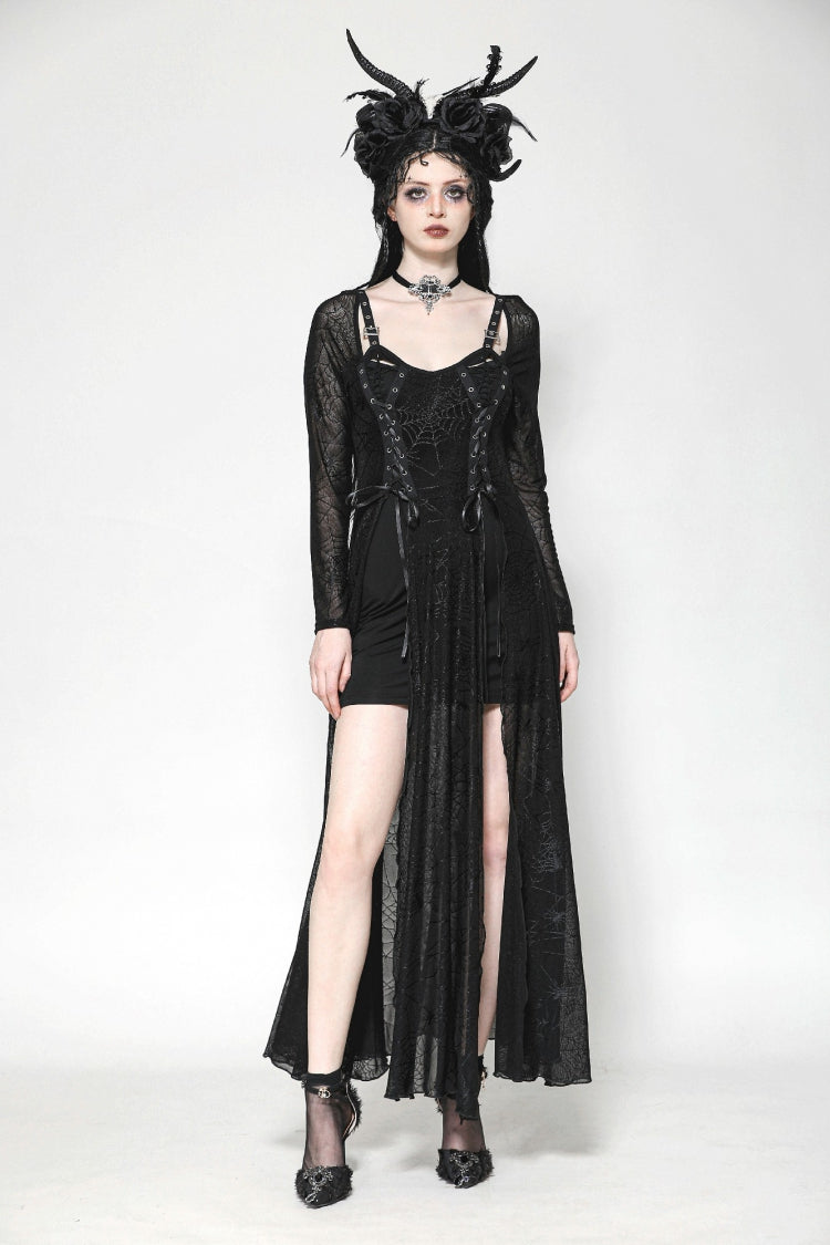Black Long Sleeves Lace-Up Spiderweb Women's Gothic Elegant Witch Long Dress