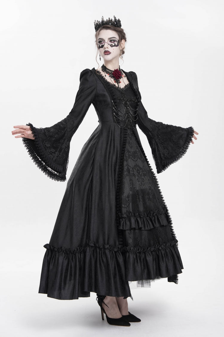 Black Long Sleeves Floral Embroidery Lace-Up Pleated Women's Gothic Dress