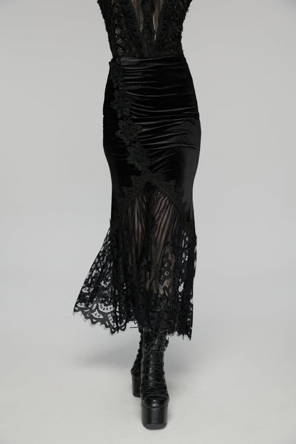 Black Embroidered Lace Slim Women's Gothic Fishtail Velvet Skirt