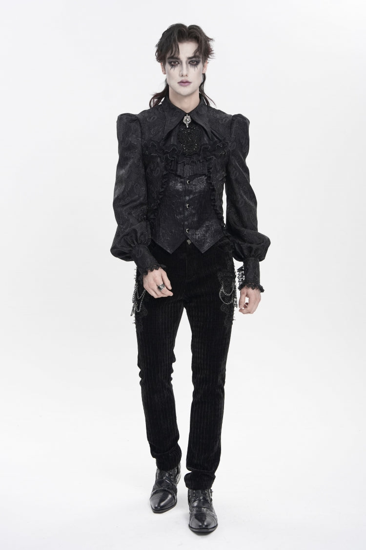 Black Lapel Collar Long Lantern Sleeves Jacquard Embroidered Lace Men's Gothic Palace Swallow-tailed Shirt with Necktie