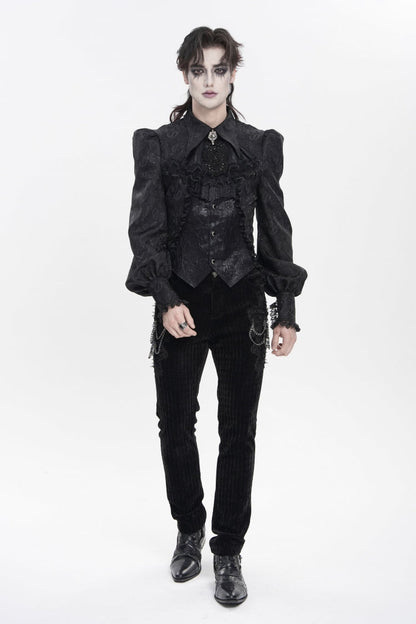 Black Lapel Collar Long Lantern Sleeves Jacquard Embroidered Lace Men's Gothic Palace Swallow-tailed Shirt with Necktie