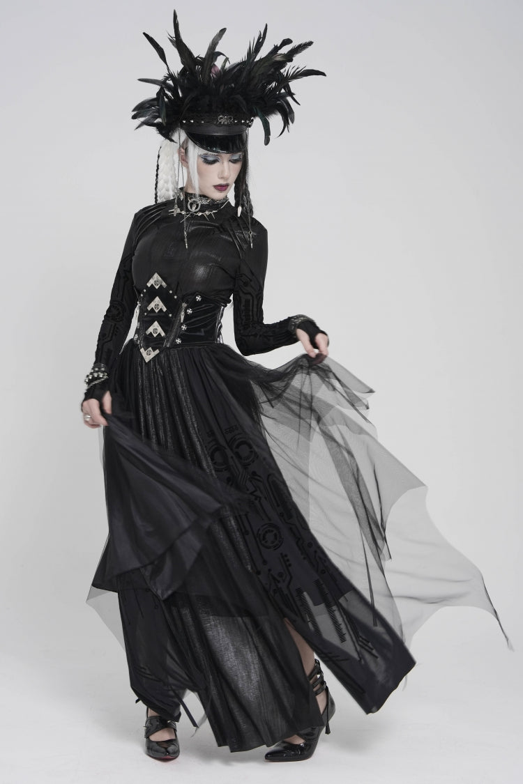 Black Multi-Layered Lace-Up Slim Irregular Asymmetric Eyelet Women's Gothic Long  Skirt