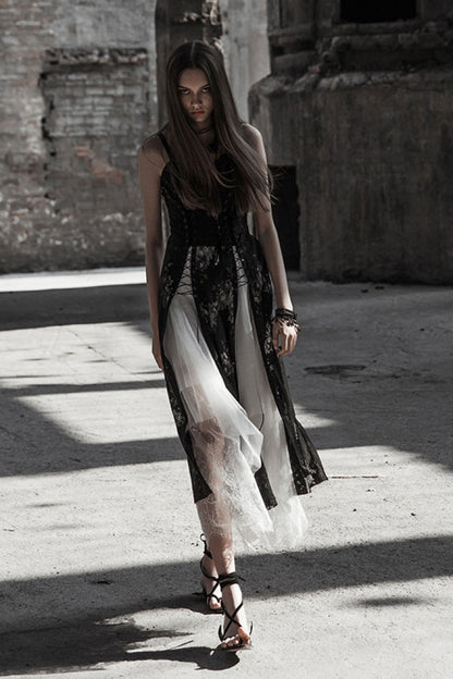 Black Lace Women's Bandage Strap Gothic Vintage Long Dress