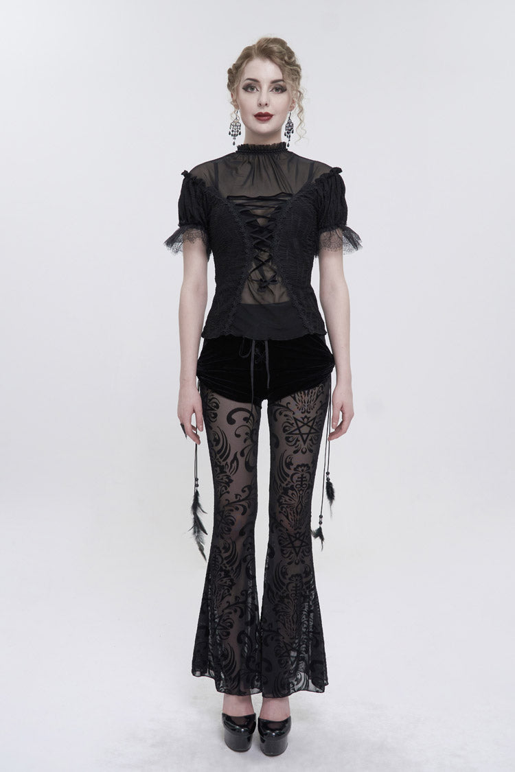 Black Flocking Mesh Side Hanging Feather Pendant Fake Two-Piece Long Women's Gothic Flared Pants