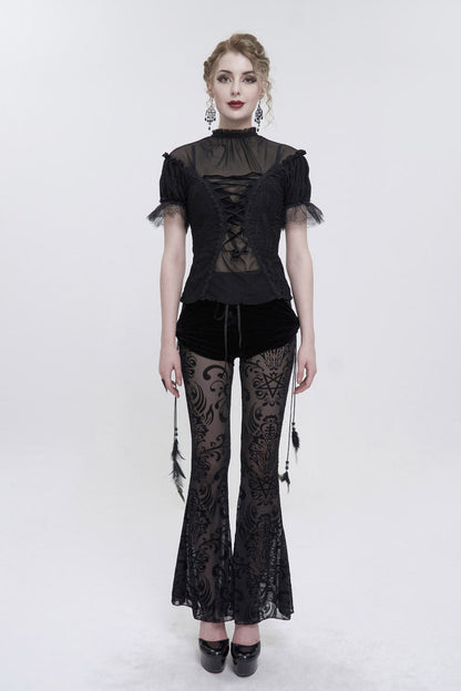 Black Flocking Mesh Side Hanging Feather Pendant Fake Two-Piece Long Women's Gothic Flared Pants