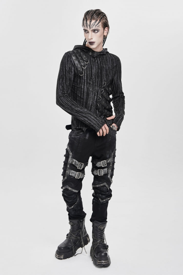 Black Buckle Straps Pleated Men's Punk Pants