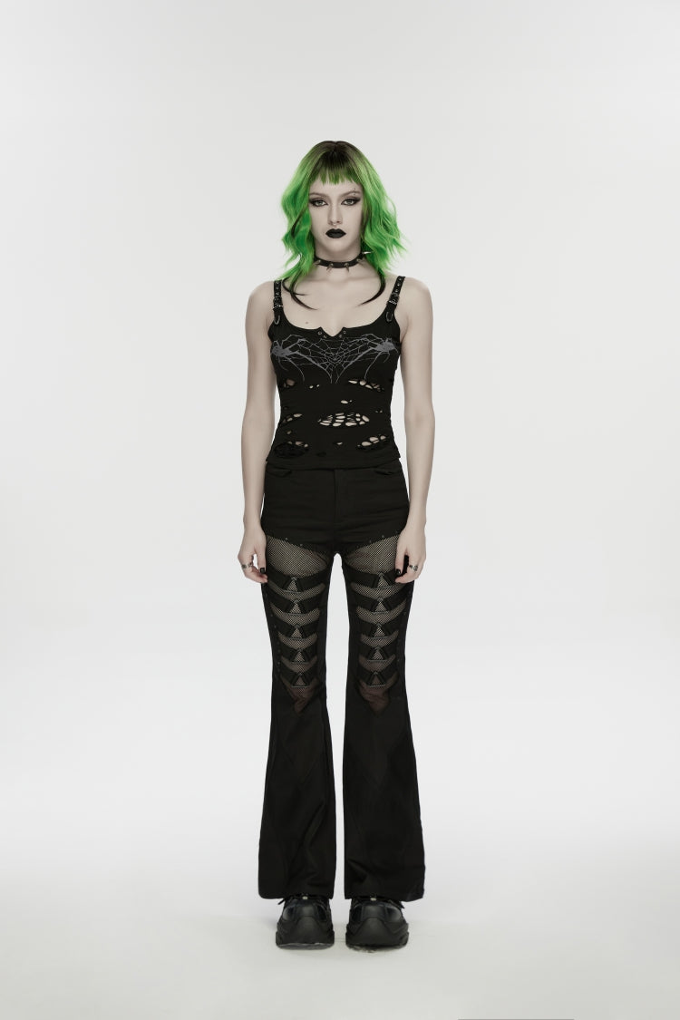 Black Off Shoulder Slim Ripped Buckled Women's Punk Spiders&Web Printed  Vest