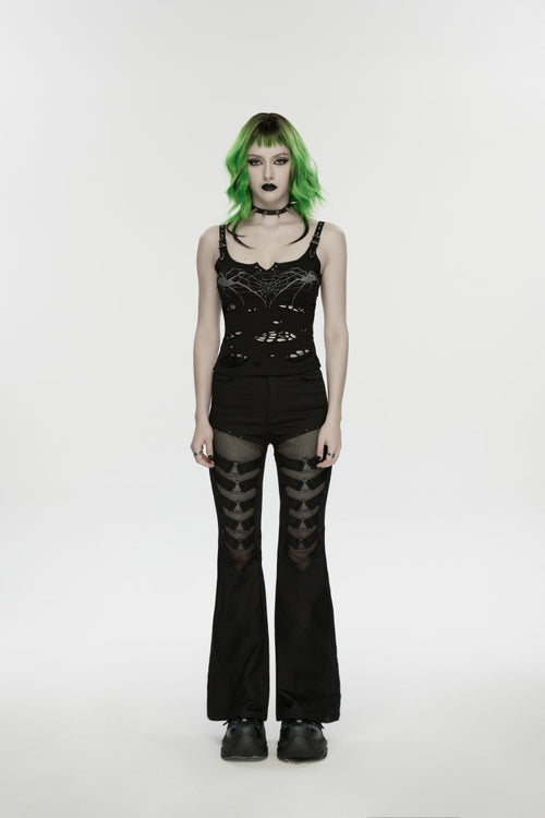Black Off Shoulder Slim Ripped Buckled Women's Punk Spiders&Web Printed  Vest