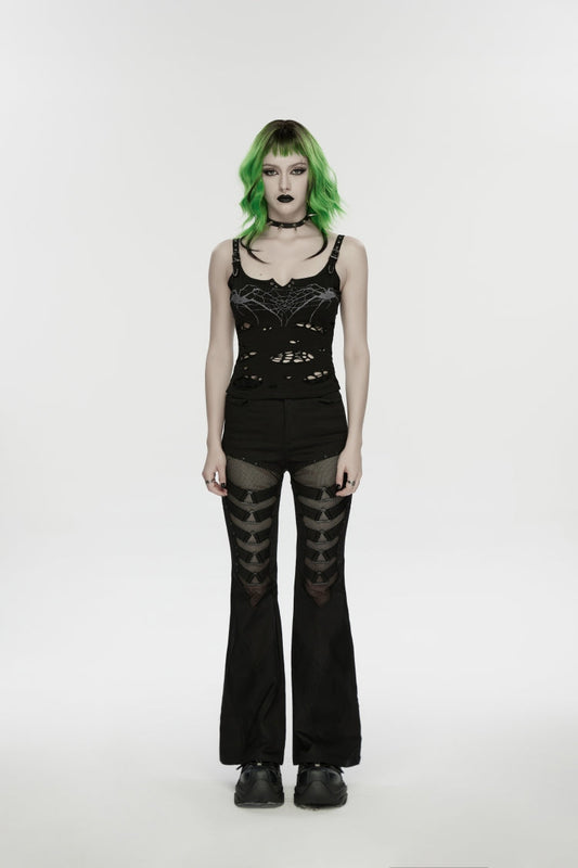 Black Off Shoulder Slim Ripped Buckled Women's Punk Spiders&Web Printed  Vest