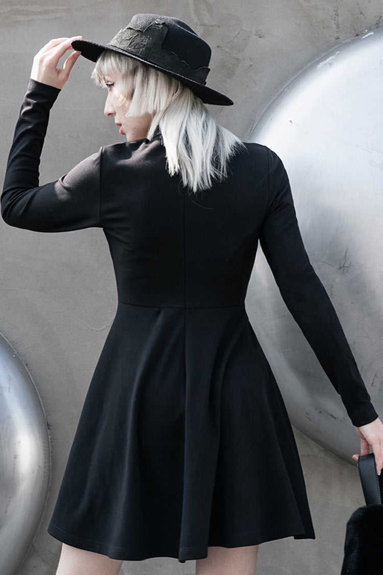 Black High Collar Front Chest Lace-Up Shoulder Hollow-Out Long Sleeve Women's Punk Dress