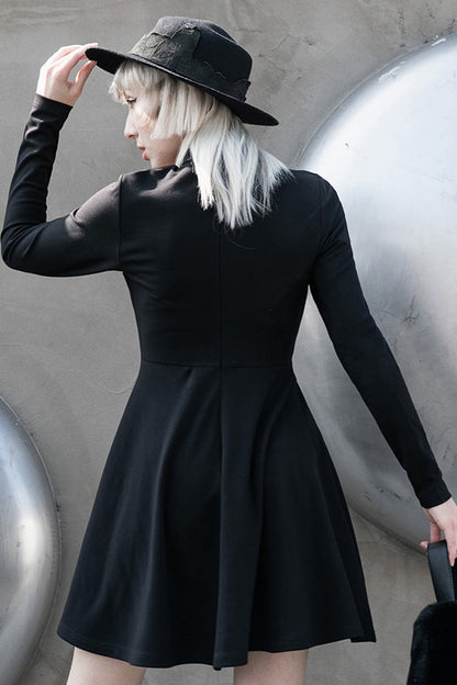 Black High Collar Front Chest Lace-Up Shoulder Hollow-Out Long Sleeve Women's Punk Dress