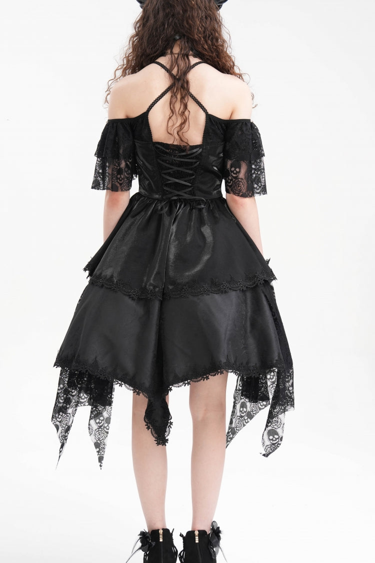 Black Halterneck Lace Lace-Up Irregular Hem Women's Gothic Dress