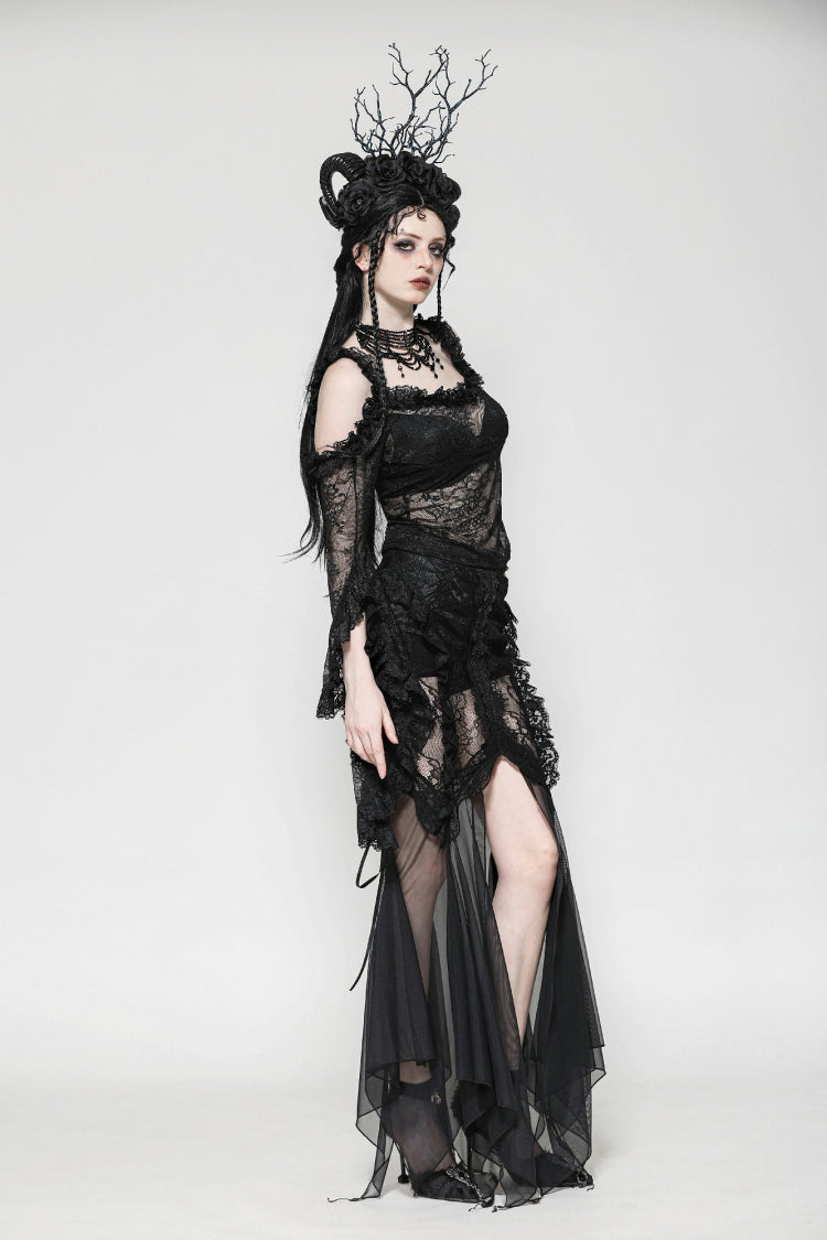 Black Off Shoulder Long Flare Sleeves Lace Women's Gothic Romantic Top