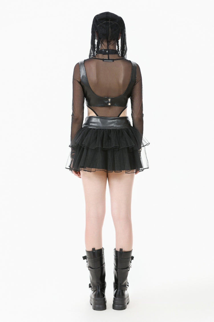 Black Metal Studded Women's Punk Faux Leather Bustier Crop Top with Adjustable Clasps